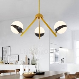 Lustre de teto moderno e contemporâneo estilo nórdico com 3 luzes e cúpula de vidro esférico preto e branco