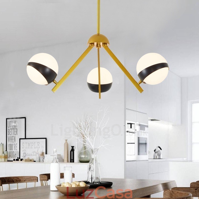 Lustre de teto moderno e contemporâneo estilo nórdico com 3 luzes e cúpula de vidro esférico preto e branco