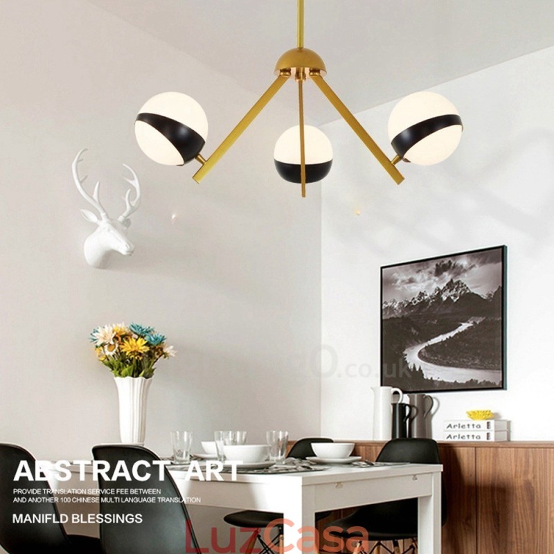 Lustre de teto moderno e contemporâneo estilo nórdico com 3 luzes e cúpula de vidro esférico preto e branco