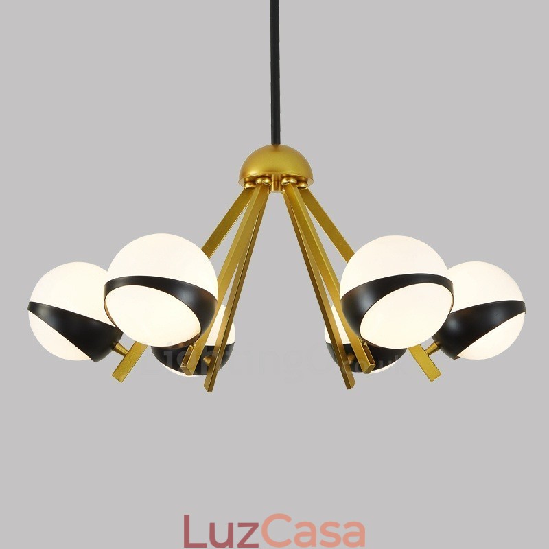 Lustre de teto moderno e contemporâneo de 6 luzes estilo nórdico com cúpula de vidro esférico preto e branco