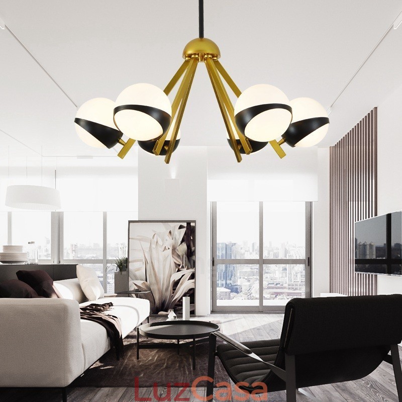 Lustre de teto moderno e contemporâneo de 6 luzes estilo nórdico com cúpula de vidro esférico preto e branco