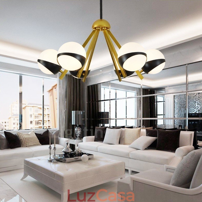 Lustre de teto moderno e contemporâneo de 6 luzes estilo nórdico com cúpula de vidro esférico preto e branco