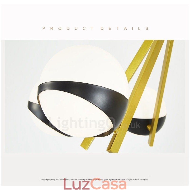 Lustre de teto moderno e contemporâneo de 6 luzes estilo nórdico com cúpula de vidro esférico preto e branco