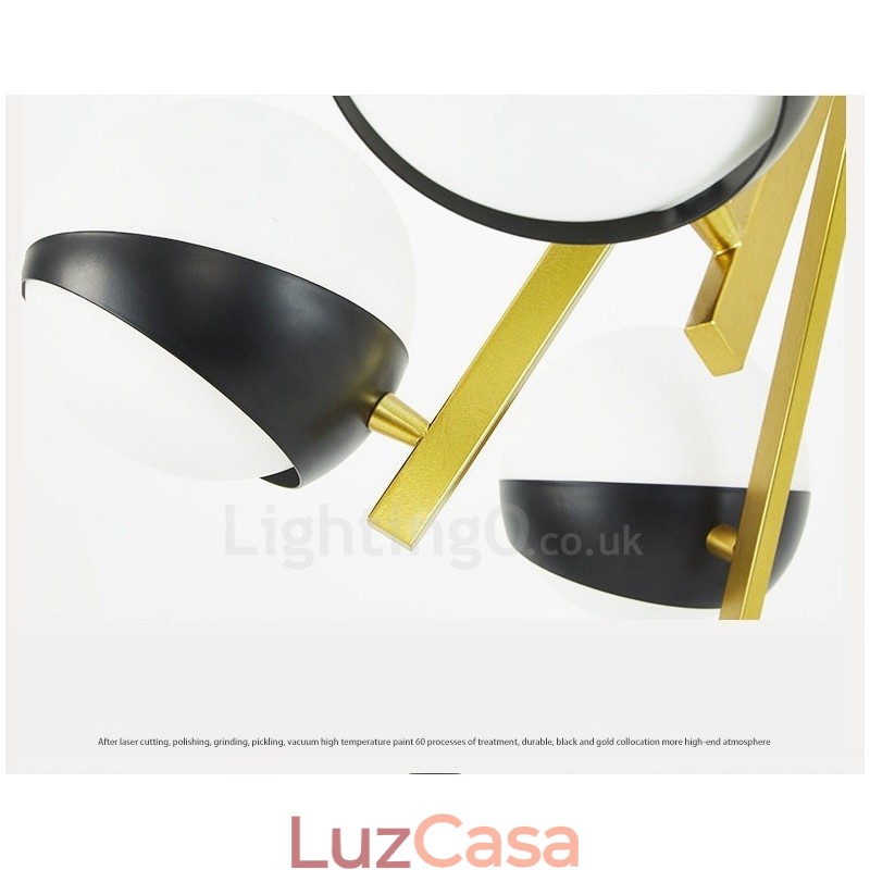 Lustre de teto moderno e contemporâneo de 6 luzes estilo nórdico com cúpula de vidro esférico preto e branco