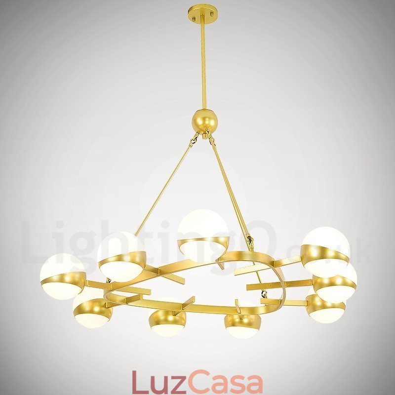 9 Luzes de Teto Modernas Contemporâneas Estilo Nórdico Lustre de Cobre com Sombra de Vidro Bola Dourada e Branca