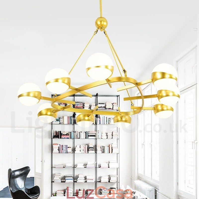 9 Luzes de Teto Modernas Contemporâneas Estilo Nórdico Lustre de Cobre com Sombra de Vidro Bola Dourada e Branca