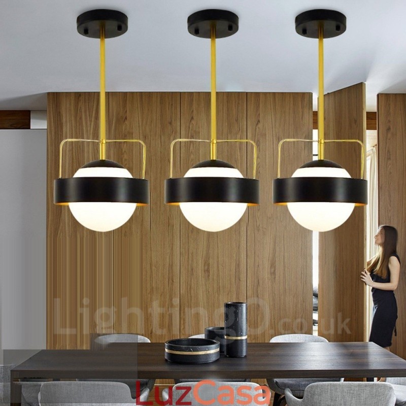 1 Luz Moderna Contemporânea Luzes de Teto Pendente de Cobre com Sombra de Vidro Bola Branca e Preta