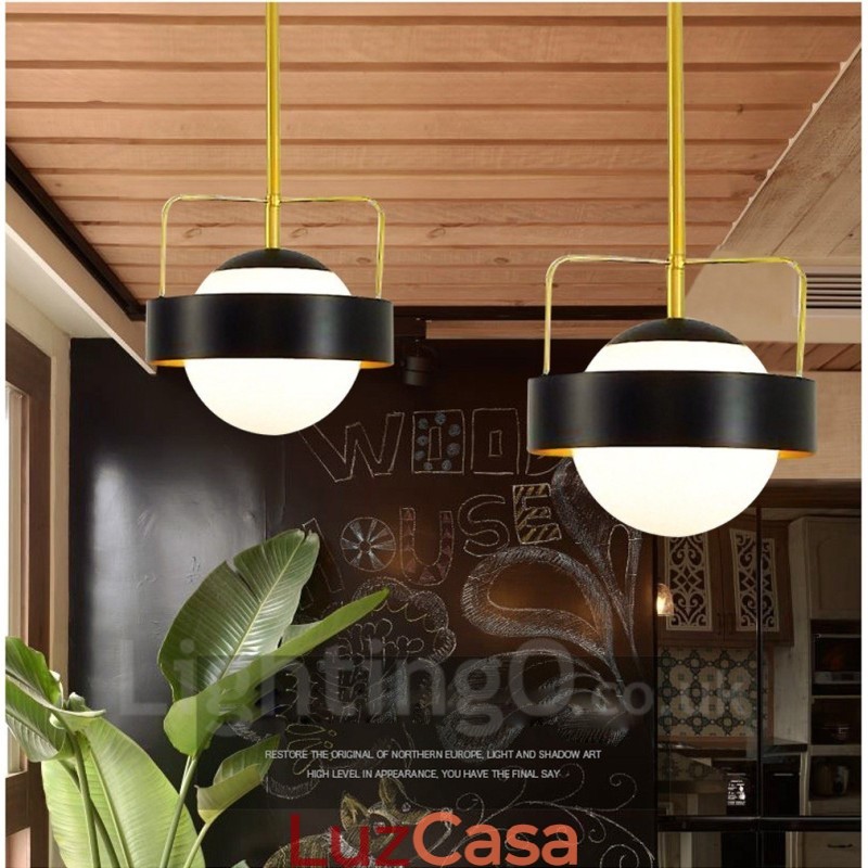 1 Luz Moderna Contemporânea Luzes de Teto Pendente de Cobre com Sombra de Vidro Bola Branca e Preta