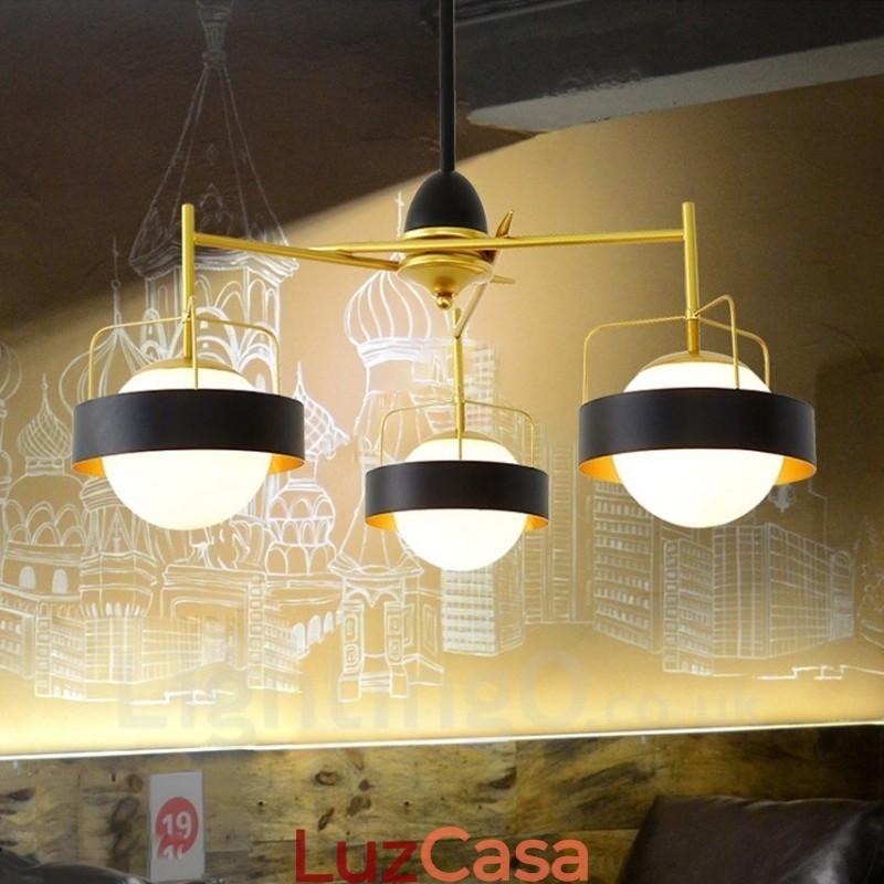 3 Luzes de Teto Contemporâneas Modernas Lustre de Cobre com Sombra de Vidro Bola Branca e Preta