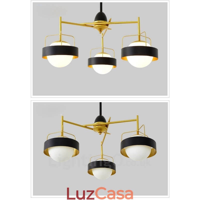 3 Luzes de Teto Contemporâneas Modernas Lustre de Cobre com Sombra de Vidro Bola Branca e Preta