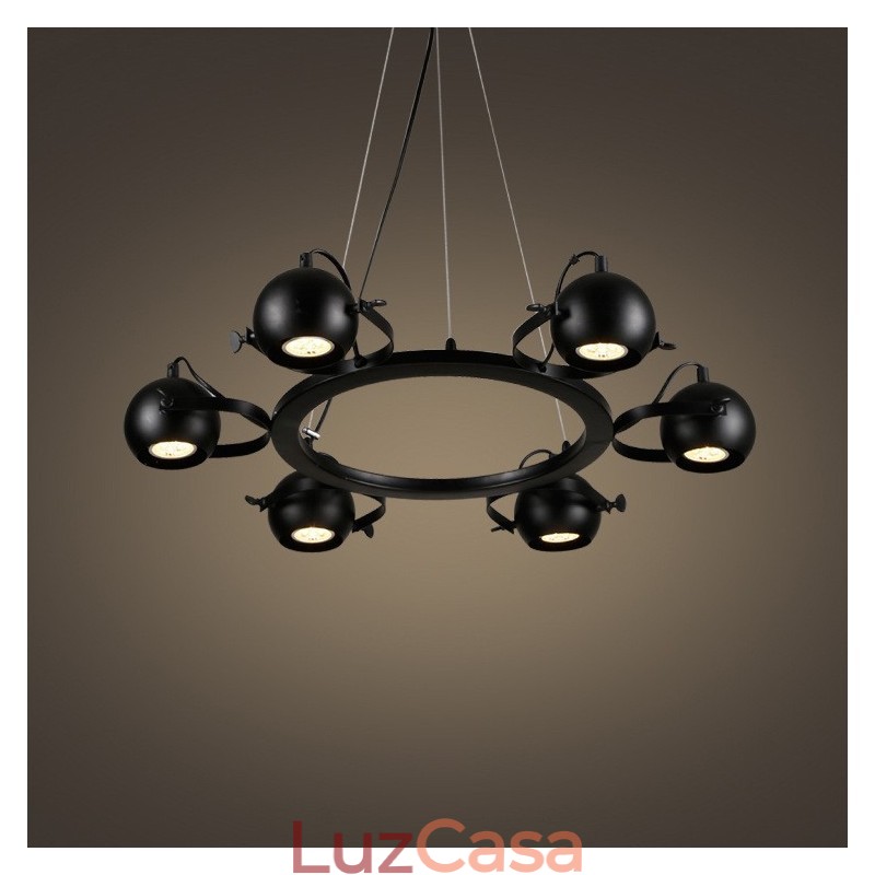 Luminária pendente de ferro preto retrô vintage de 6 luzes com abajures de bola de ferro preto