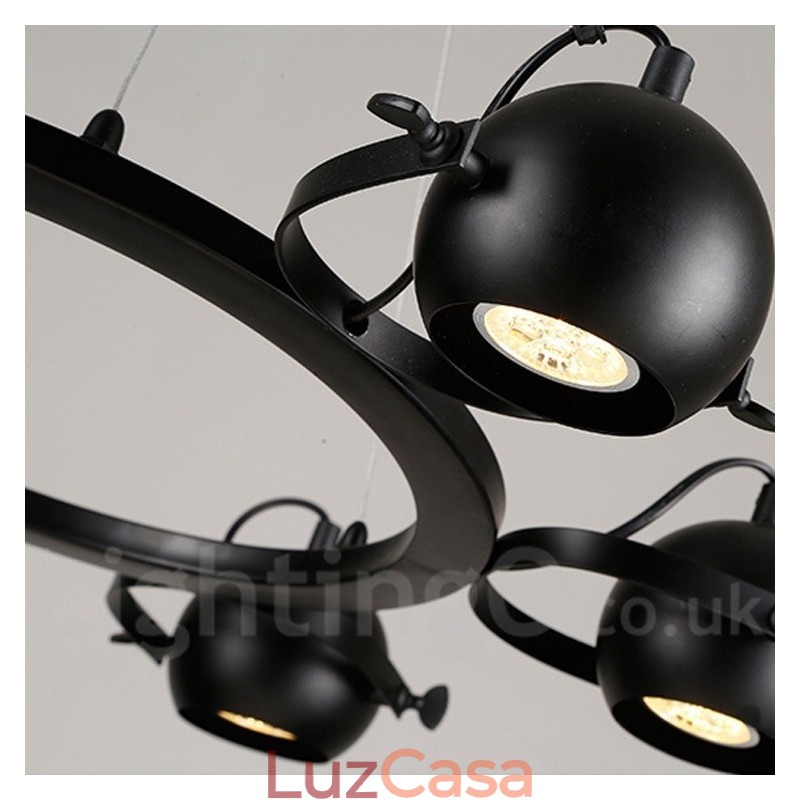 Luminária pendente de ferro preto retrô vintage de 6 luzes com abajures de bola de ferro preto