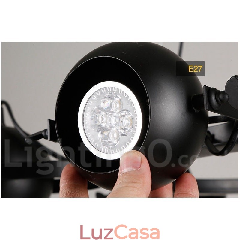 Luminária pendente de ferro preto retrô vintage de 6 luzes com abajures de bola de ferro preto