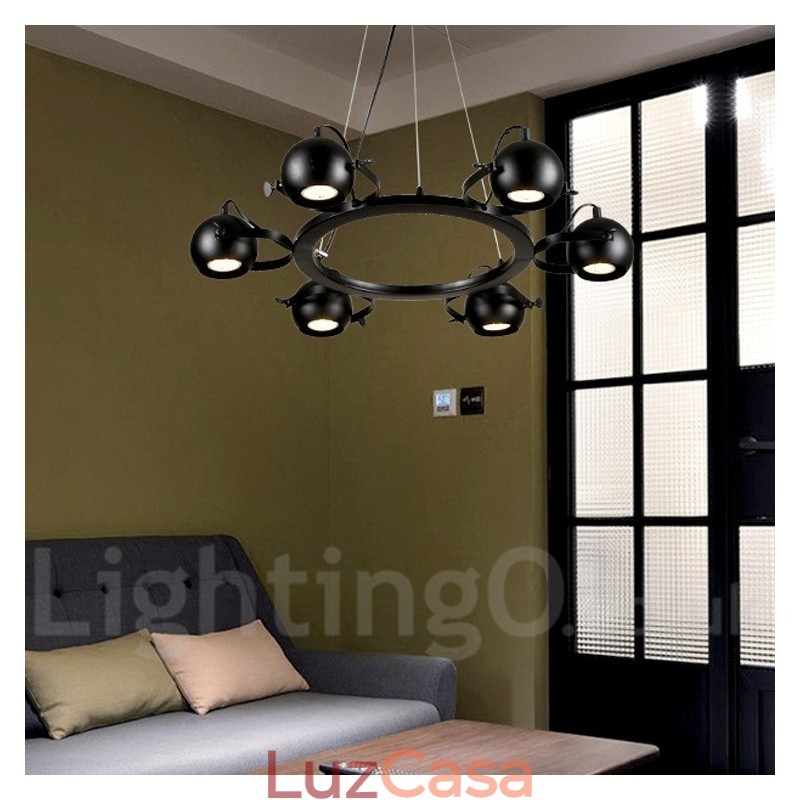 Luminária pendente de ferro preto retrô vintage de 6 luzes com abajures de bola de ferro preto