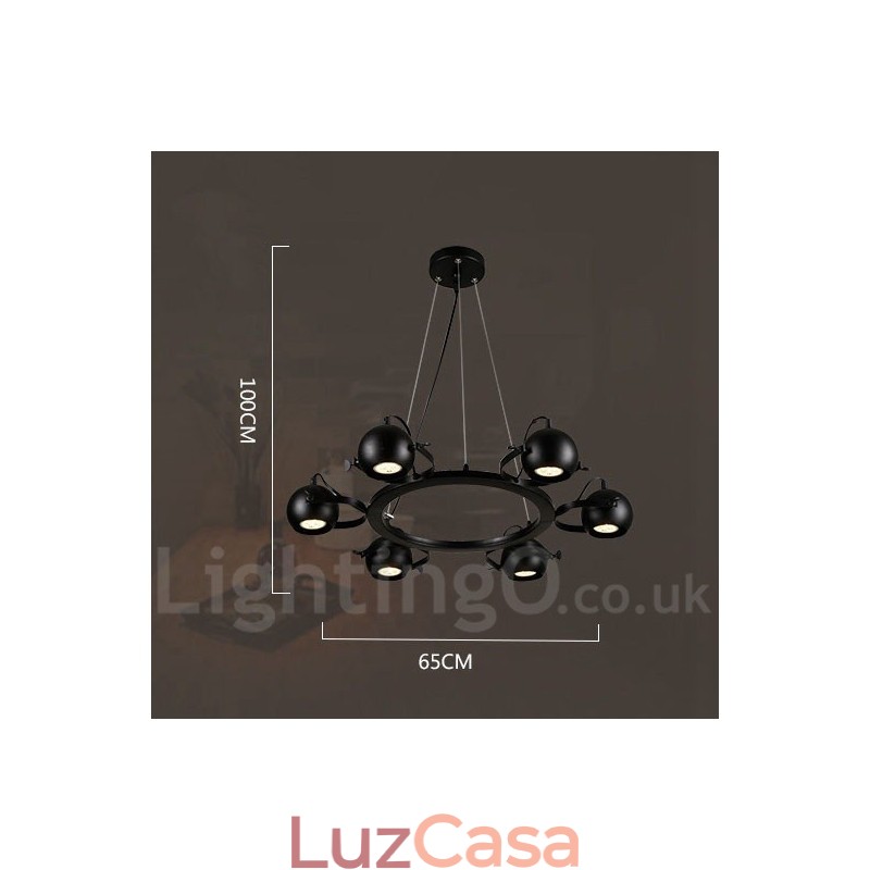 Luminária pendente de ferro preto retrô vintage de 6 luzes com abajures de bola de ferro preto