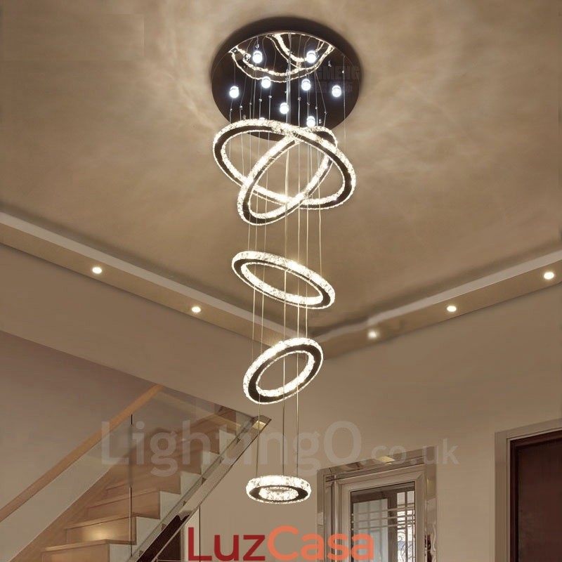 Regulável Wi Fi Smart Três Cores de Fonte de Luz 5 Anéis Moderno Cristal Teto Pendente Luz Lustre Interno