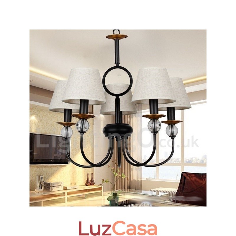 Lustre estilo vela contemporâneo estilo mediterrâneo retrô preto rústico de 5 luzes