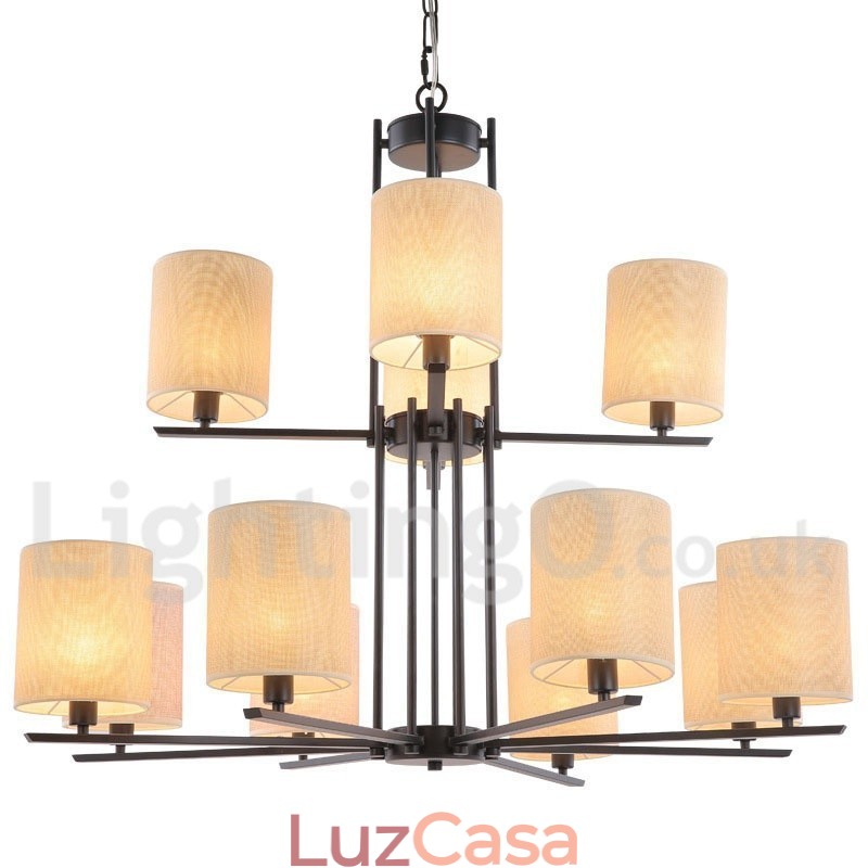 Lustre grande estilo vela 12 luzes rústicas retrô pretas 2 camadas
