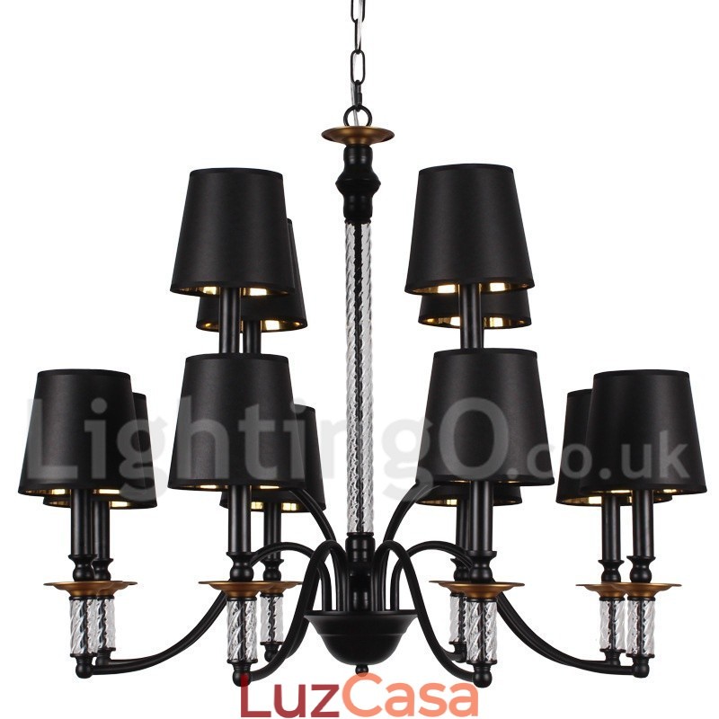 Lustre grande estilo vela 12 luzes rústicas retrô pretas 2 camadas