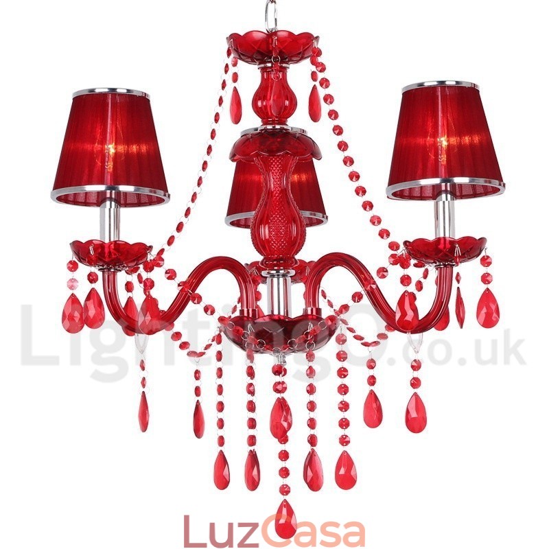 Lustre estilo vela de cristal K9 vermelho de 3 luzes