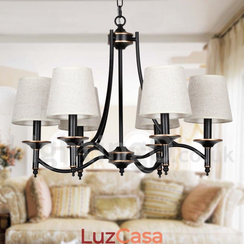 Lustre estilo vela contemporâneo preto retrô rústico de 6 luzes