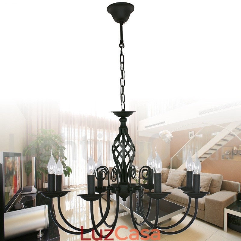 Lustre estilo vela preta retrô contemporânea de 8 luzes