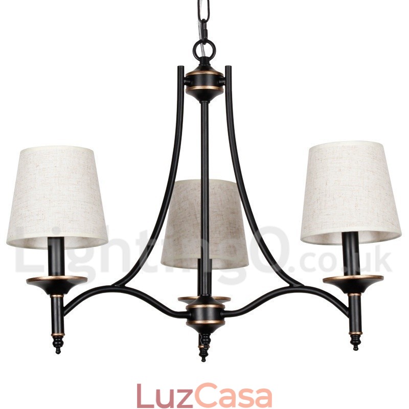 Lustre estilo vela contemporâneo preto retrô rústico de 3 luzes