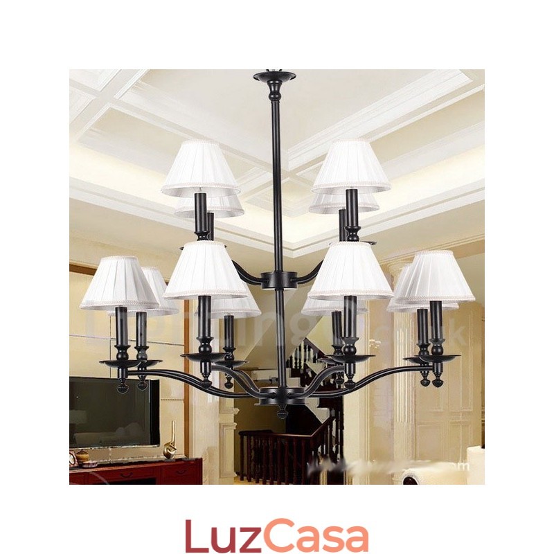 Lustre grande estilo vela retrô rústico de 12 luzes com 2 níveis