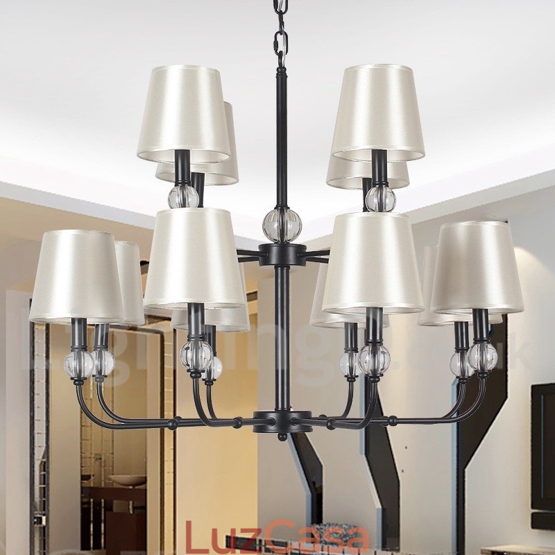 Lustre grande estilo vela 12 luzes rústicas retrô pretas 2 camadas