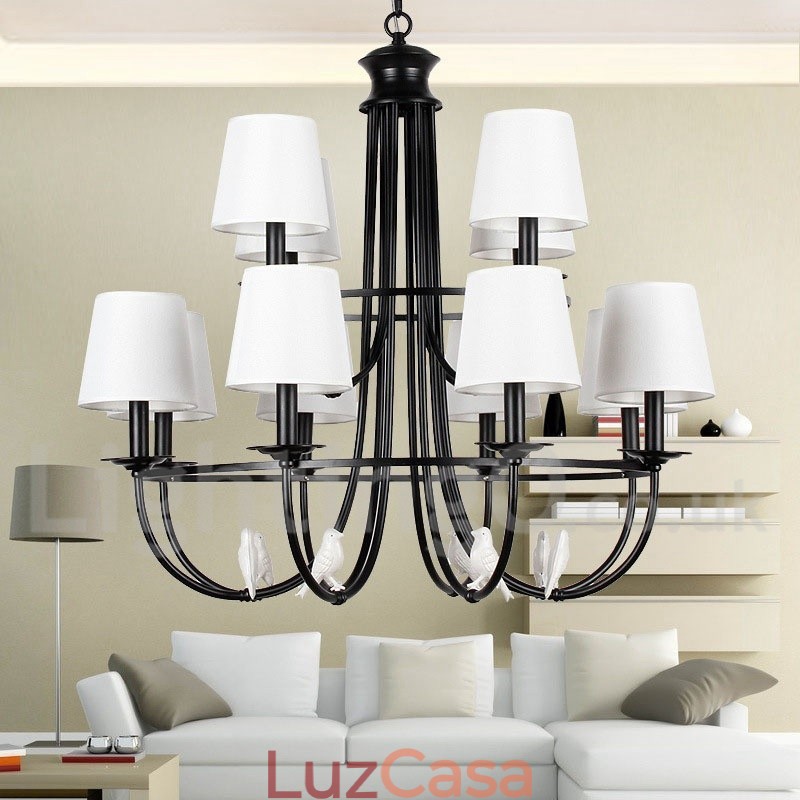 Lustre grande estilo vela 12 luzes rústicas retrô pretas 2 camadas