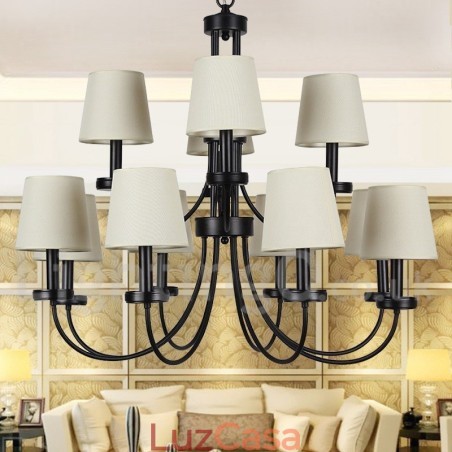 Lustre grande estilo vela 12 luzes rústicas retrô pretas 2 camadas Lustre grande estilo vela 12 luzes rústicas retrô pretas 2 camadas