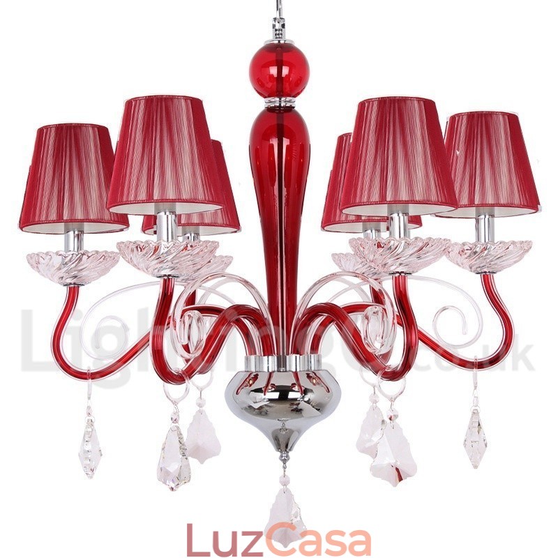 Lustre estilo vela de cristal K9 contemporâneo vermelho de 6 luzes