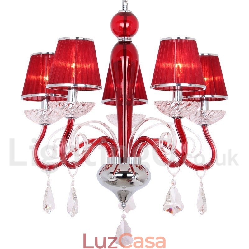 Lustre estilo vela de cristal K9 contemporâneo vermelho de 5 luzes