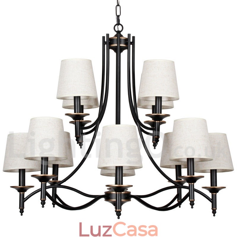 Lustre estilo vela contemporâneo retrô rústico preto de 12 luzes