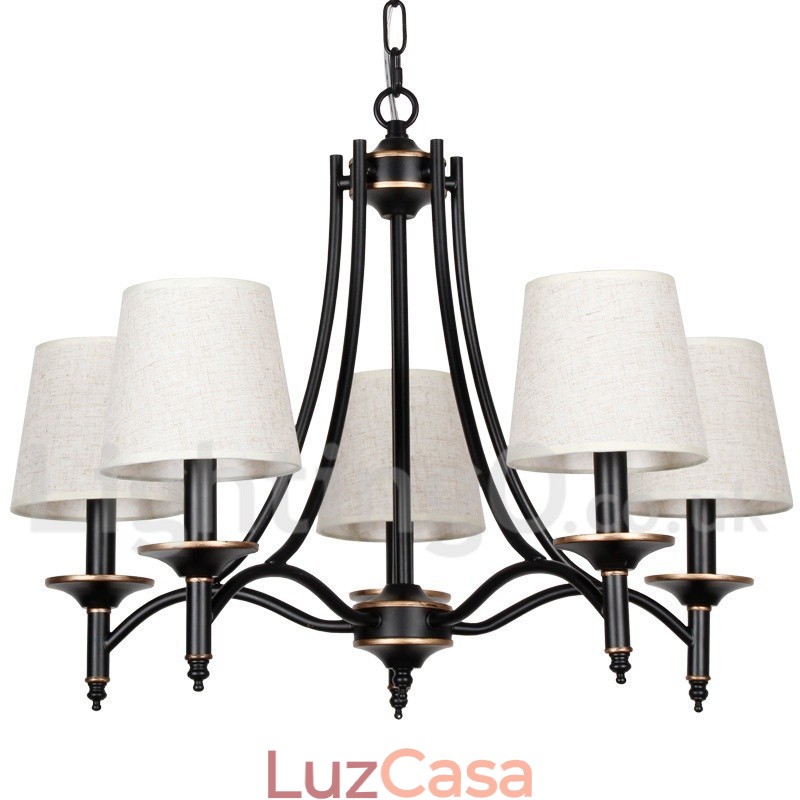 Lustre estilo vela contemporâneo preto retrô rústico de 5 luzes