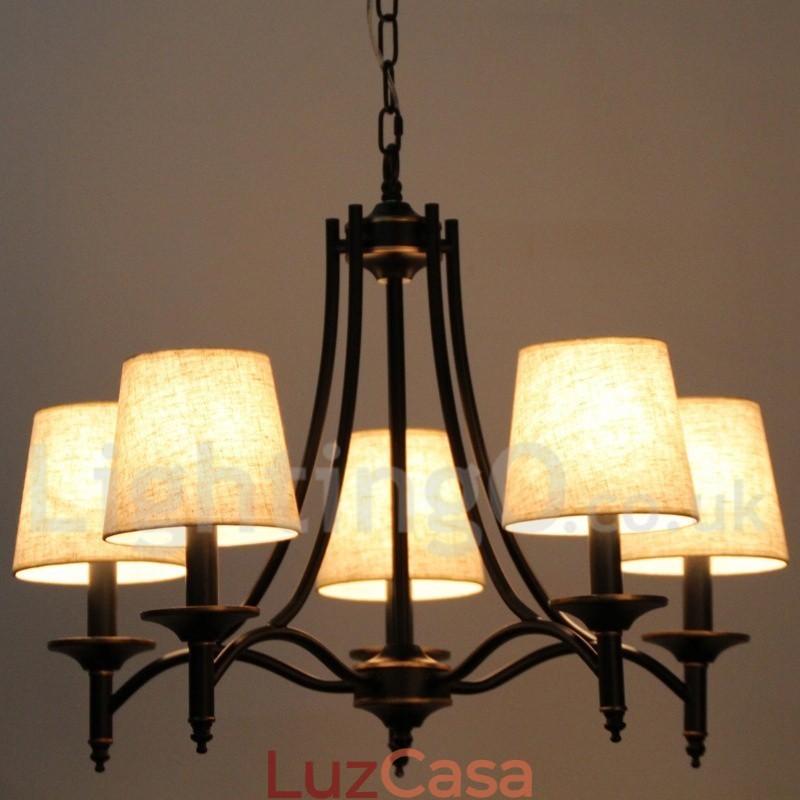 Lustre estilo vela contemporâneo preto retrô rústico de 5 luzes