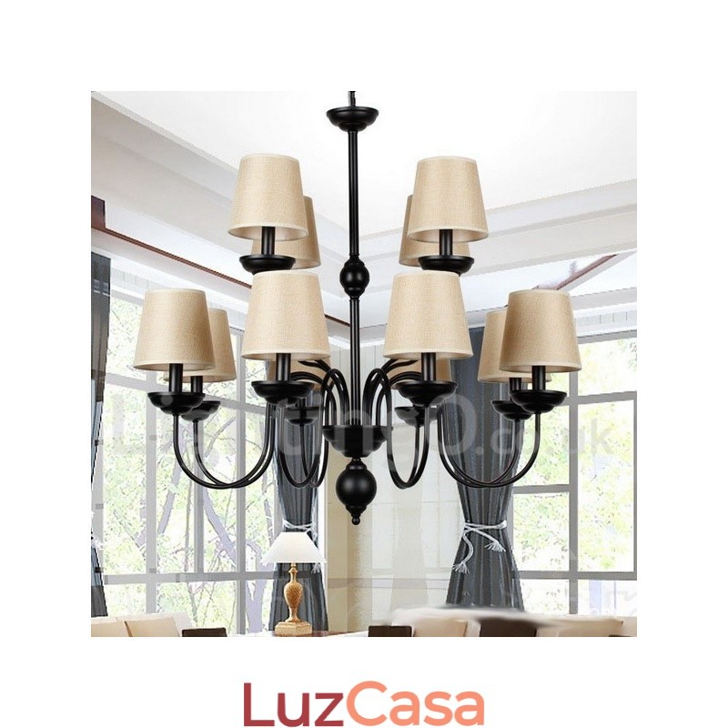 Lustre estilo vela contemporâneo retrô de 2 níveis, rústico, de 12 luzes