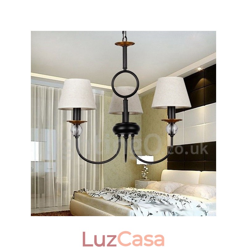 Lustre estilo vela contemporâneo estilo mediterrâneo retrô preto rústico de 3 luzes