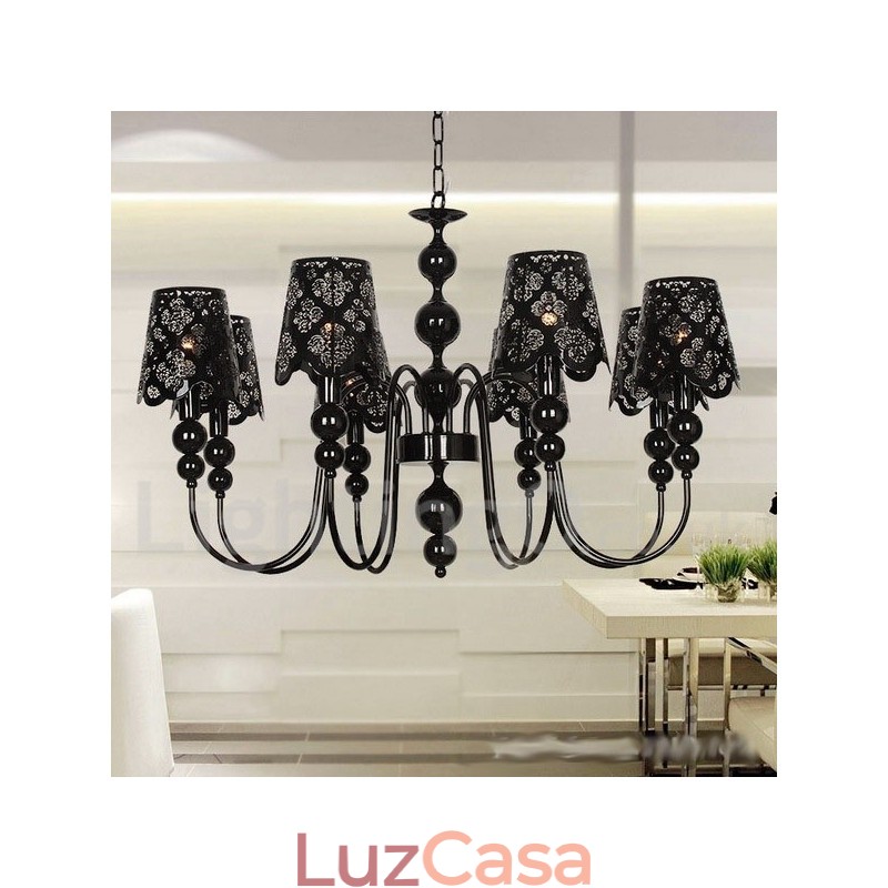 Lustre moderno contemporâneo de 8 luzes estilo vela preta vazada