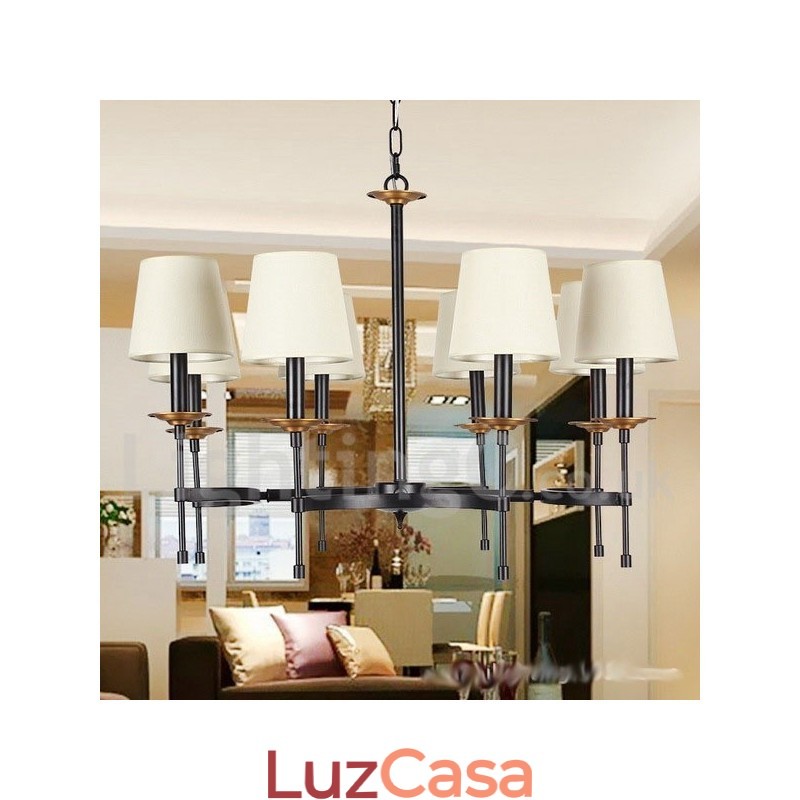 Lustre estilo vela retrô preto rústico de 8 luzes
