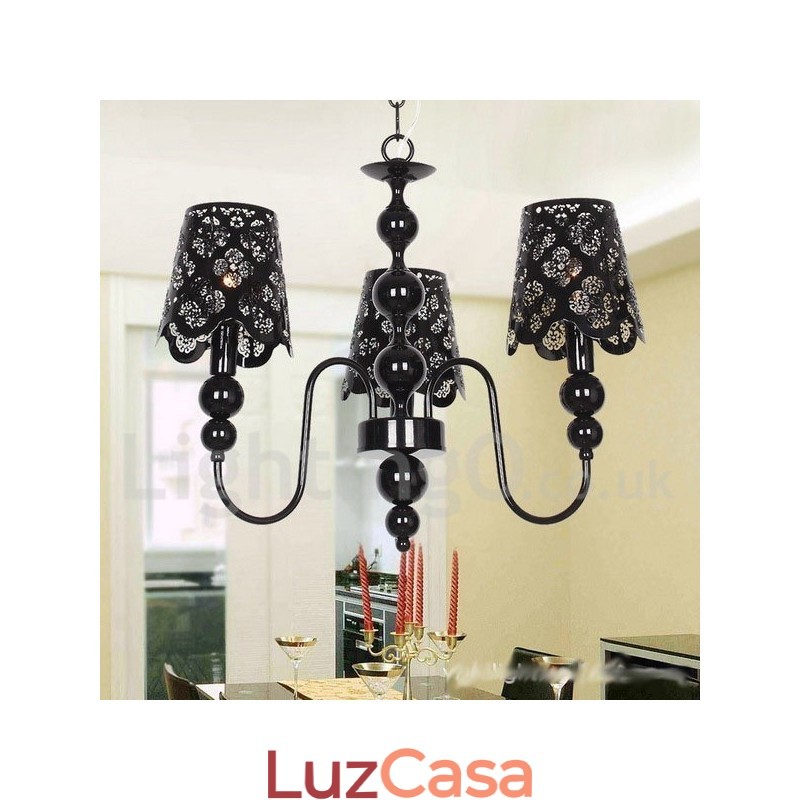 Lustre moderno contemporâneo de 3 luzes estilo vela preta vazada