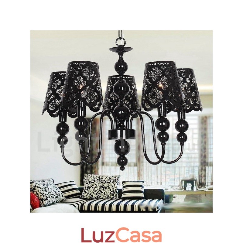 Lustre moderno contemporâneo de 5 luzes estilo vela preta vazada