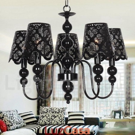 Lustre moderno contemporâneo de 5 luzes estilo vela preta vazada