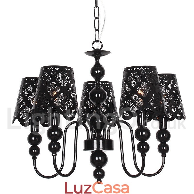 Lustre moderno contemporâneo de 5 luzes estilo vela preta vazada