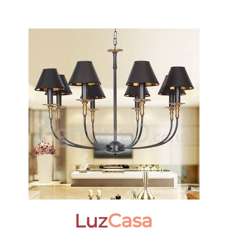 Lustre estilo vela contemporâneo preto retrô de 8 luzes