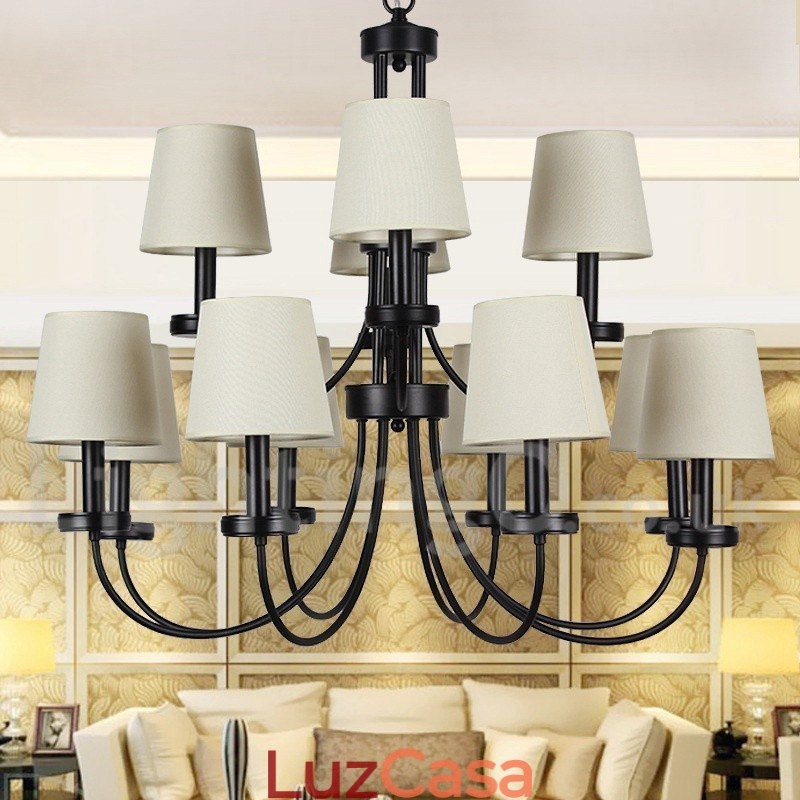 Lustre estilo vela preta retrô contemporâneo de 12 luzes e 2 níveis