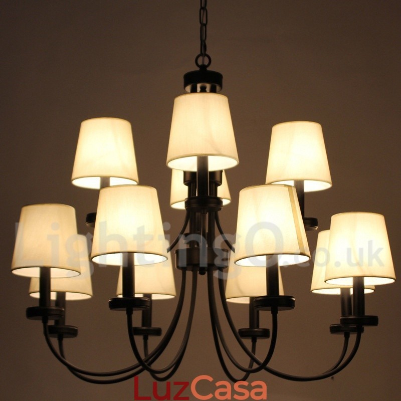 Lustre estilo vela preta retrô contemporâneo de 12 luzes e 2 níveis