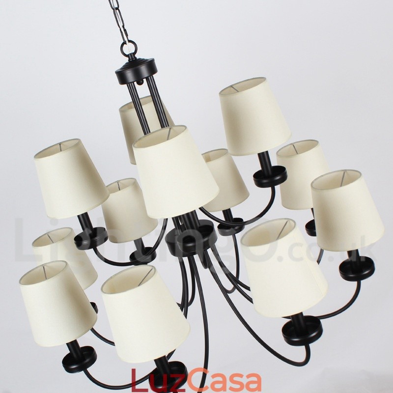 Lustre estilo vela preta retrô contemporâneo de 12 luzes e 2 níveis