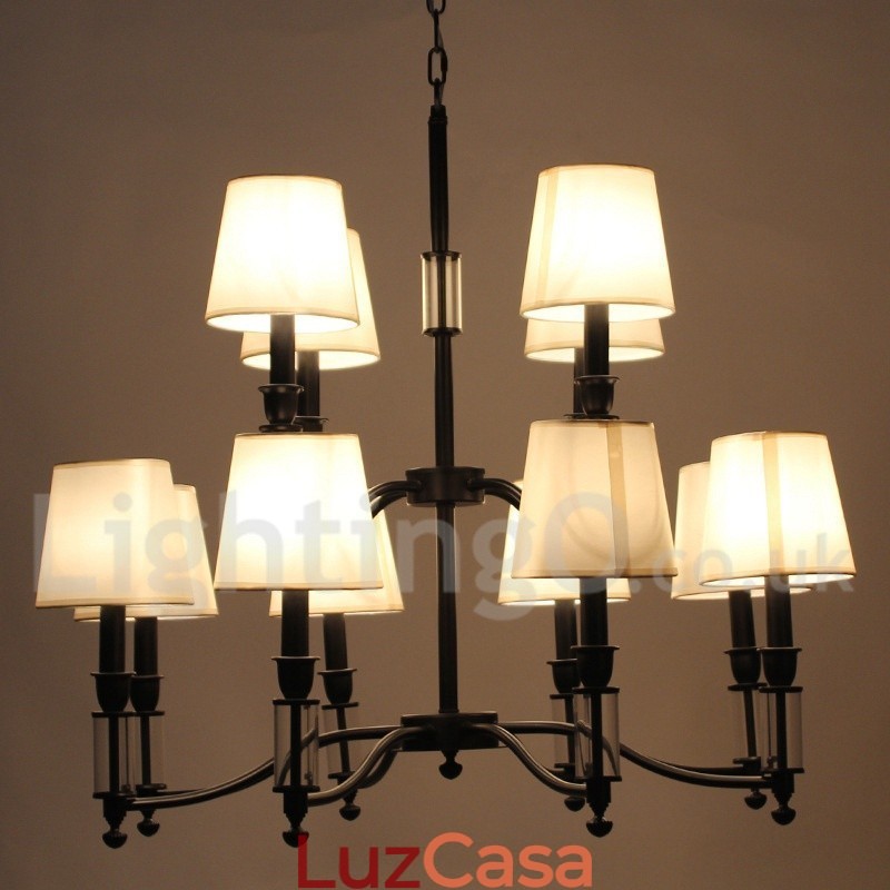 Lustre grande preto de 12 luzes, 2 níveis, estilo retrô, contemporâneo, estilo vela
