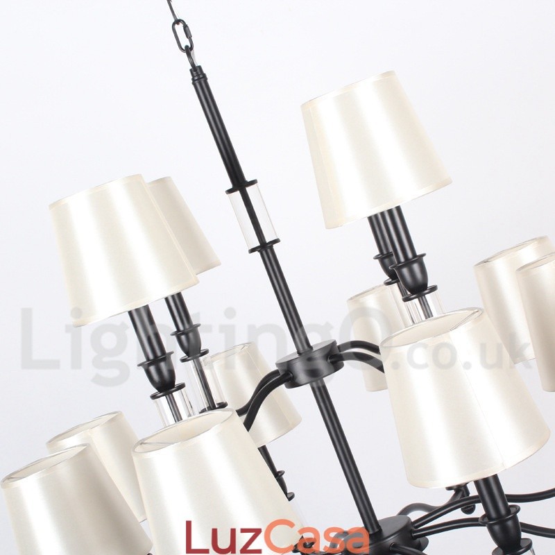 Lustre grande preto de 12 luzes, 2 níveis, estilo retrô, contemporâneo, estilo vela